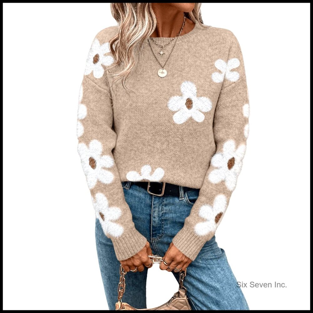 Floral Drop Shoulder Pullover Sweater Oversized Casual Y2k Chic Tops